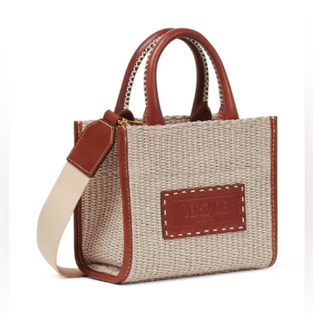 New Versace Cute Extra-small Athena Raffia Tote Bag in Cotton-blend & Leather